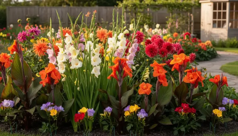 Aiuola fiorita con canna, gladioli, dalie e fresie in un giardino curato