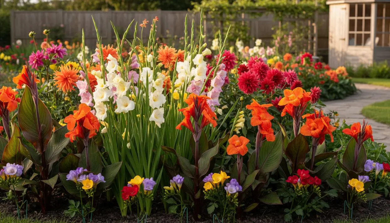 Aiuola fiorita con canna, gladioli, dalie e fresie in un giardino curato