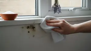Una mano pulisce la muffa su un muro vicino a una finestra con condensa