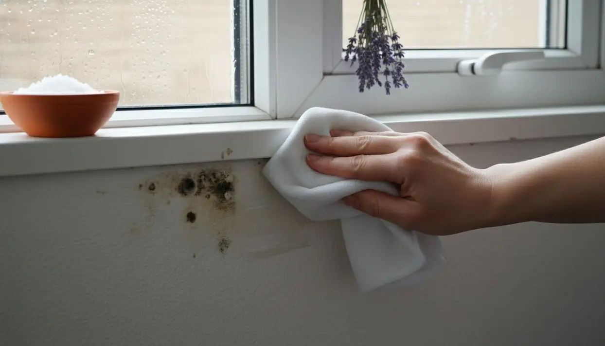Una mano pulisce la muffa su un muro vicino a una finestra con condensa