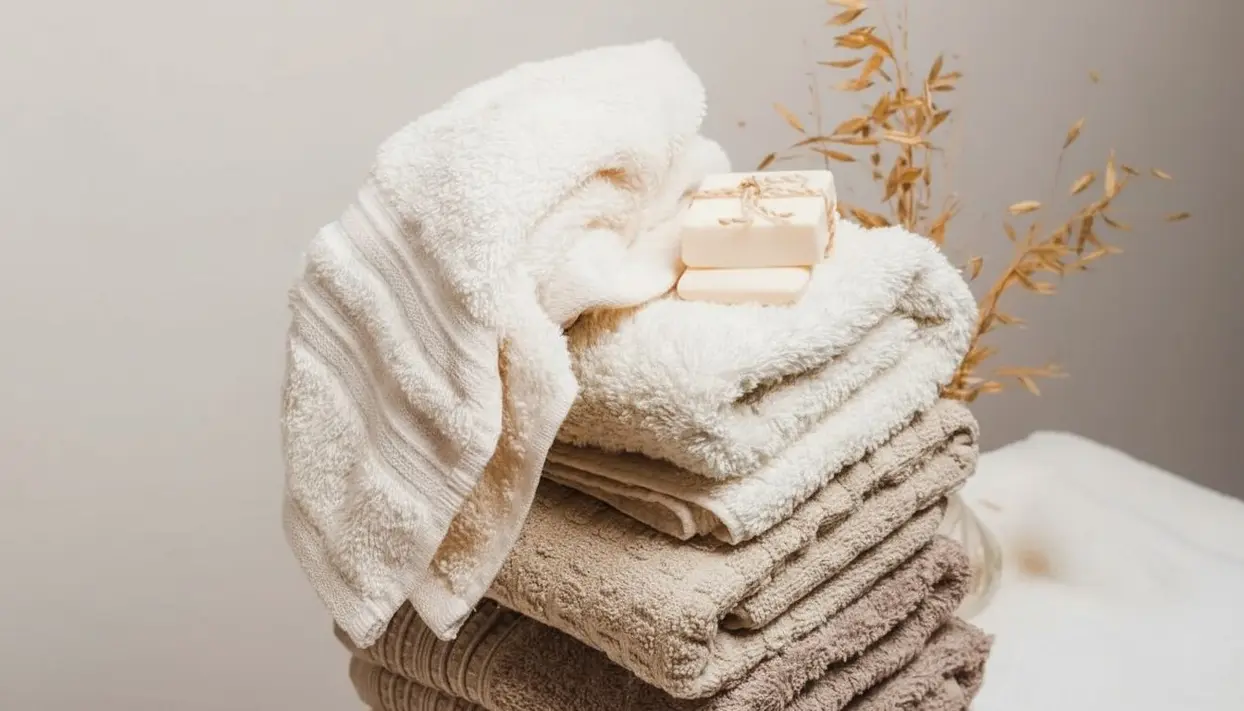 Pile di asciugamani morbidi e sapone naturale su sfondo neutro