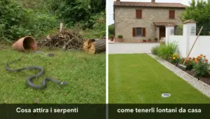 Un serpente in un giardino con erba alta e rami, accanto a un cortile ordinato di una casa