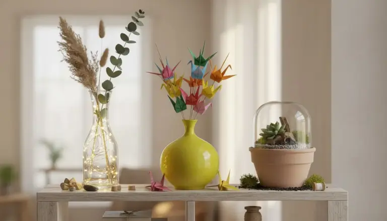Tre vasi decorativi con luci, origami colorati e piante grasse su una mensola in casa