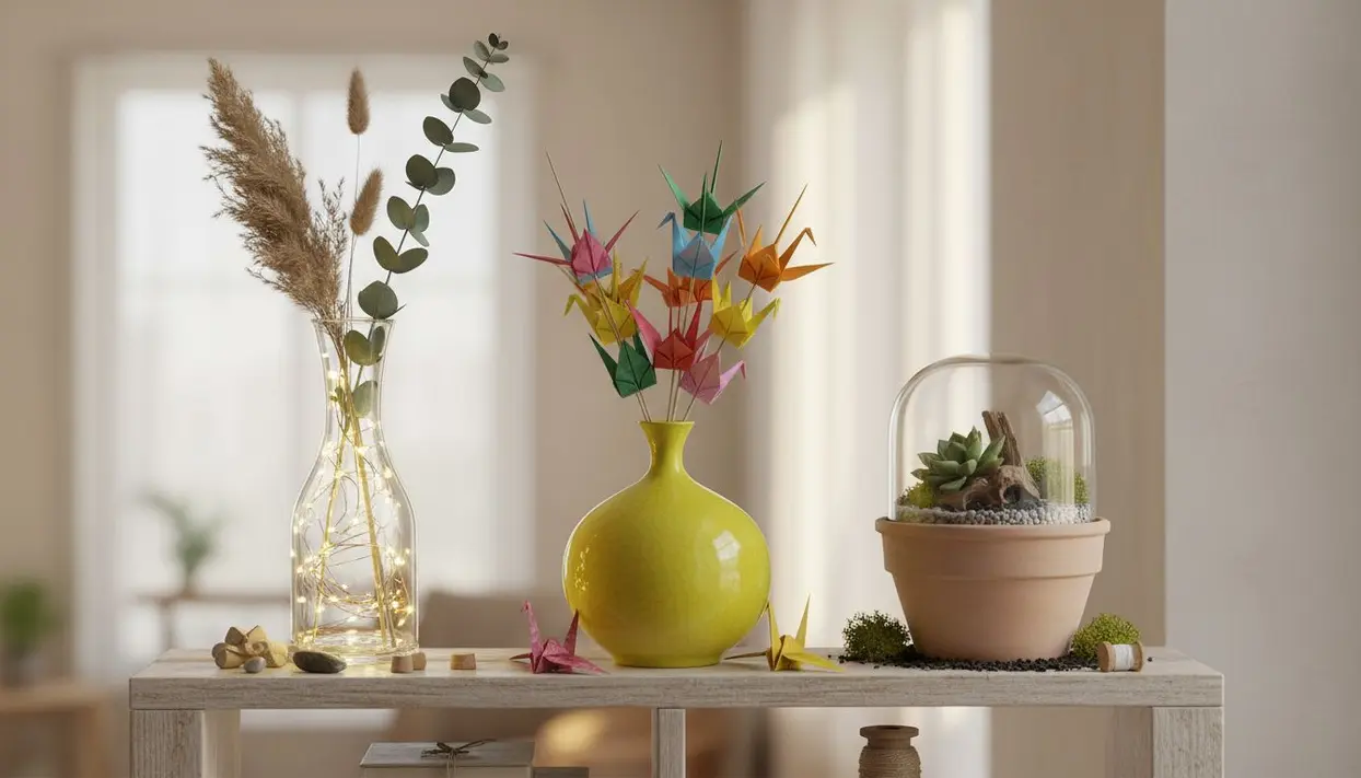 Tre vasi decorativi con luci, origami colorati e piante grasse su una mensola in casa