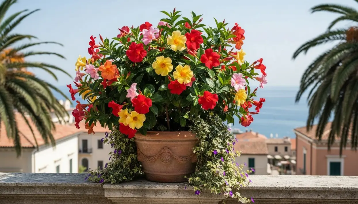 Vaso di fiori colorati su un balcone con vista sul mare e palme
