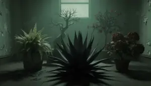 Cinque piante da interno in un ambiente buio e inquietante
