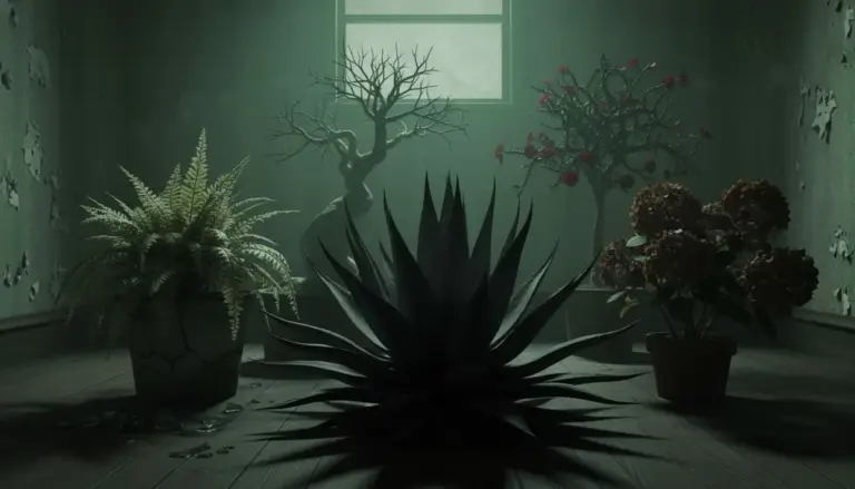 Cinque piante da interno in un ambiente buio e inquietante