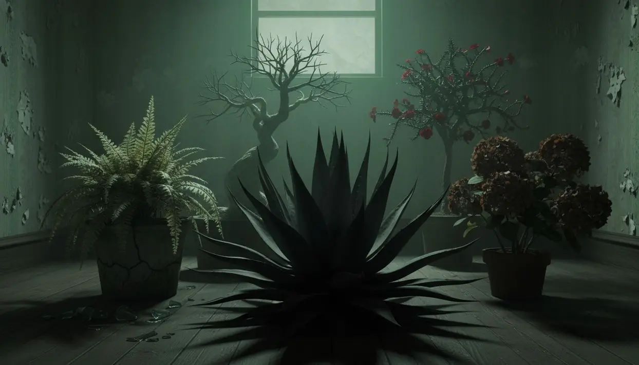 Cinque piante da interno in un ambiente buio e inquietante