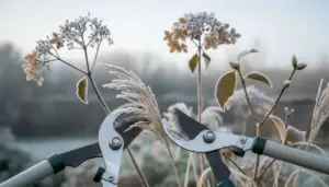 Forbici da potatura vicino a piante ricoperte di brina in un giardino invernale