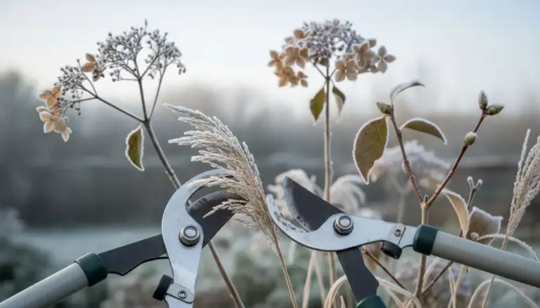 Forbici da potatura vicino a piante ricoperte di brina in un giardino invernale