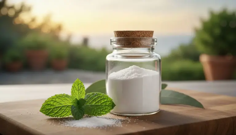 Barattolo di vetro con polvere bianca naturale su un tavolo di legno con foglie verdi