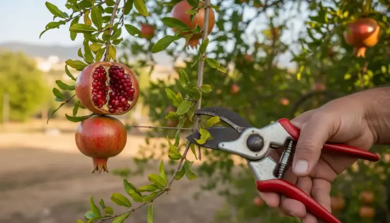 Mano che pota un ramo di melograno con una cesoia vicino a frutti maturi