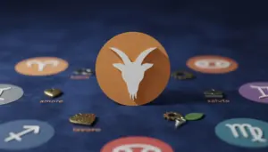 Simbolo del Capricorno su sfondo con segni zodiacali e simboli di amore, lavoro e salute