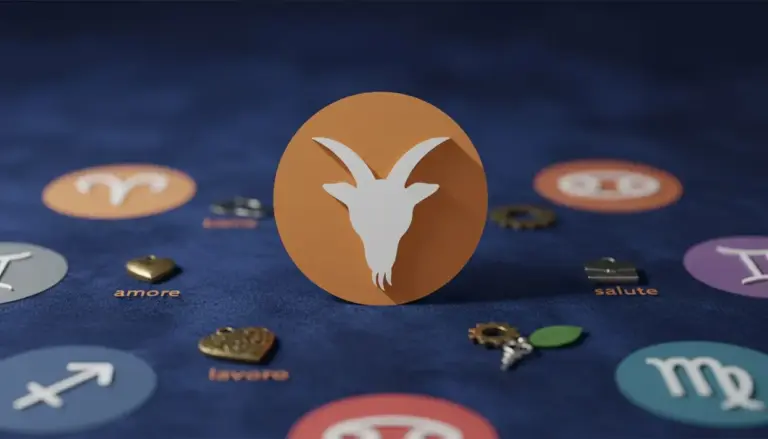 Simbolo del Capricorno su sfondo con segni zodiacali e simboli di amore, lavoro e salute