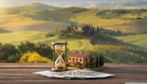 Clessidra, banconote e modellino di casa su un tavolo con campagna sullo sfondo