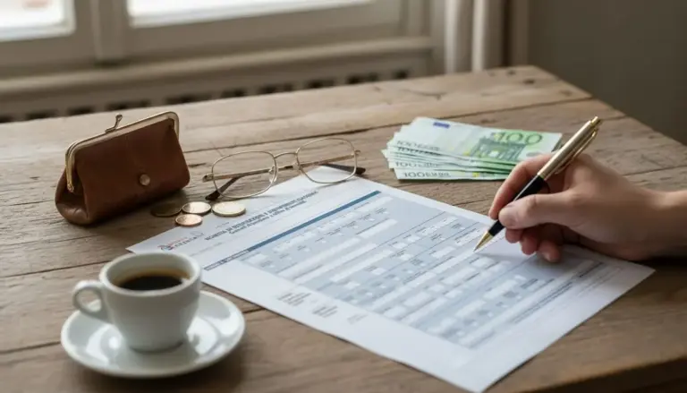 Mano che compila un modulo accanto a denaro, monete, occhiali e tazza di caffè su un tavolo